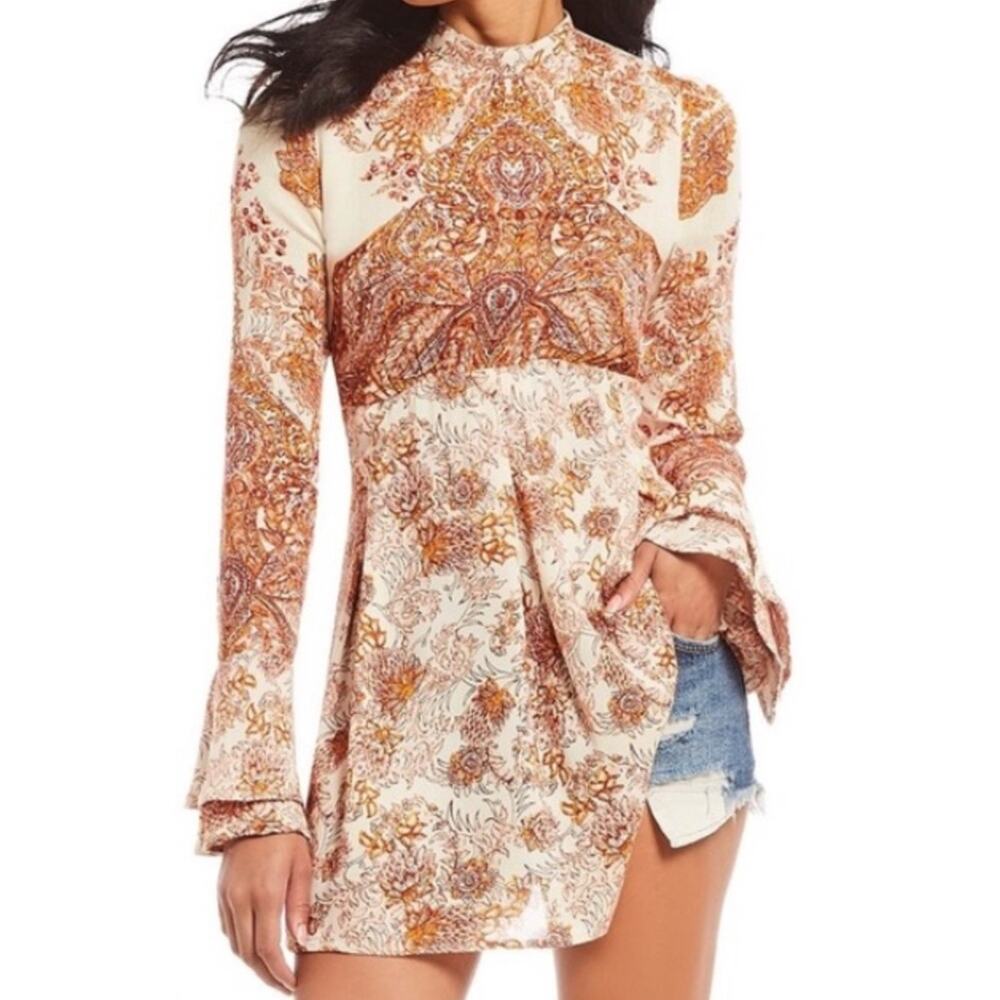 Free People Lady Luck Tunic Paisley Print Mini Shirt Dress Ivory Combo Sz Medium